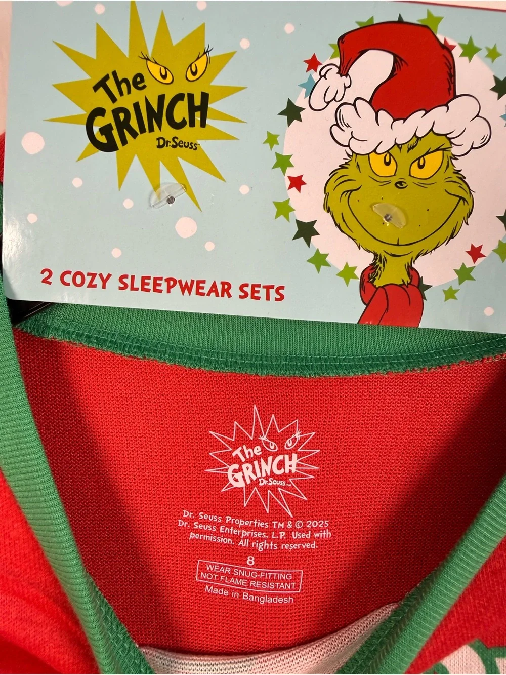 NWT 2 sets of Merry Grinchmas Kids' Red and Green Holiday Pajama Set size 8.